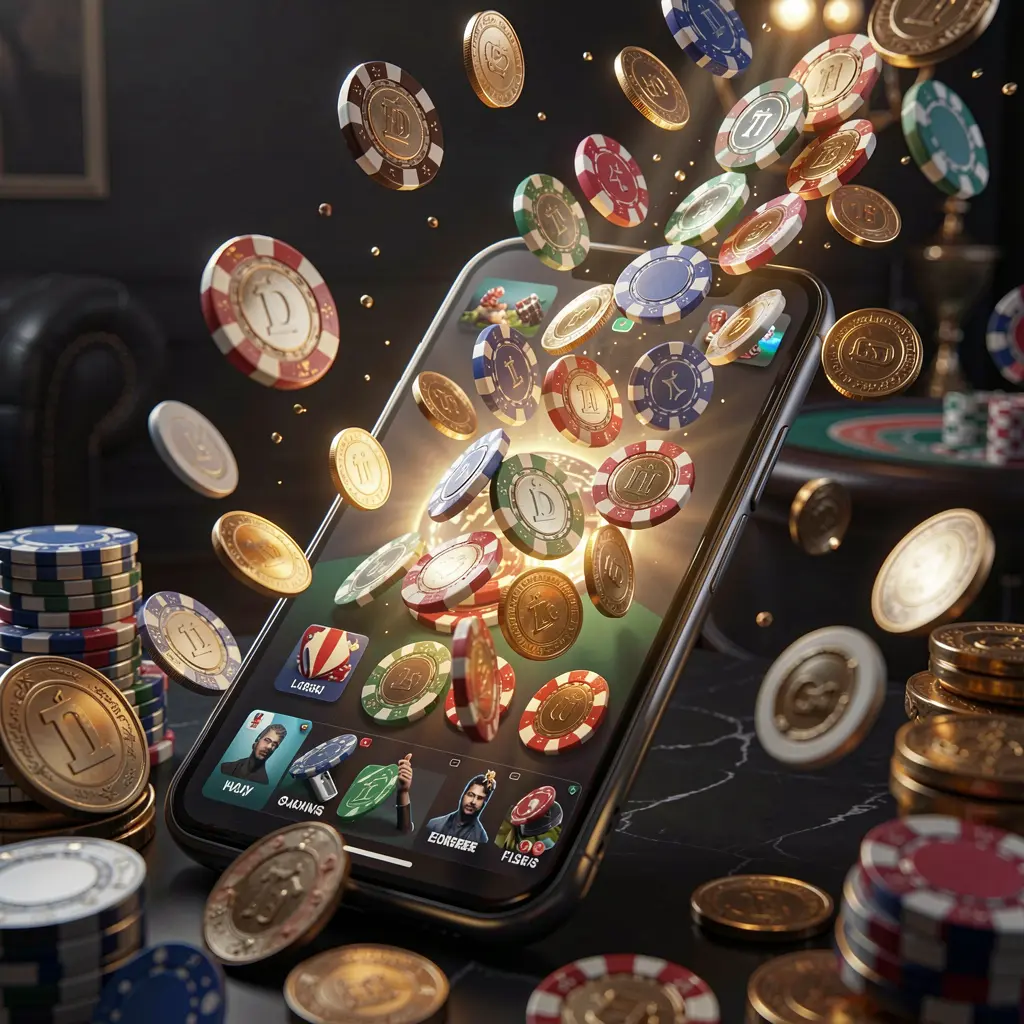 JBC777 online gaming app displayed on a smartphone screen with glowing casino chips and coins emerging against a luxury dark background with cinematic lighting