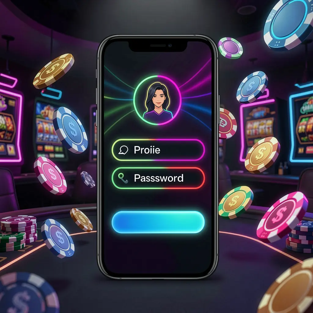 JBC777 mobile casino login screen with abstract neon UI shapes showing user profile and password fields, surrounded by flying chips and coins in a dark premium casino atmosphere