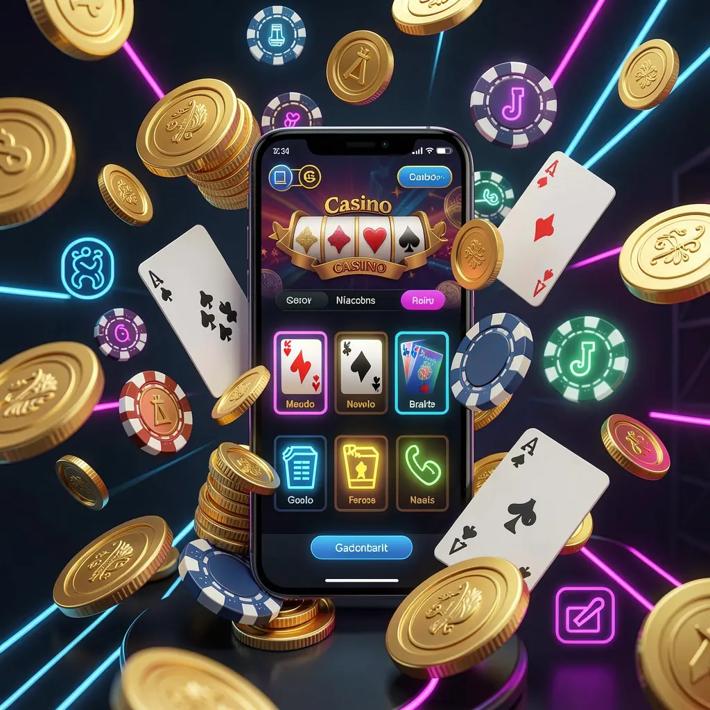 JBC777 mobile casino homepage concept showing a smartphone surrounded by golden coins, chips, cards, and glowing icons on a modern dark background with neon accents